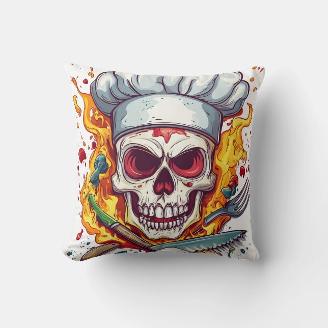 Skull Chef Kitchen Master Throw Pillow (Front)