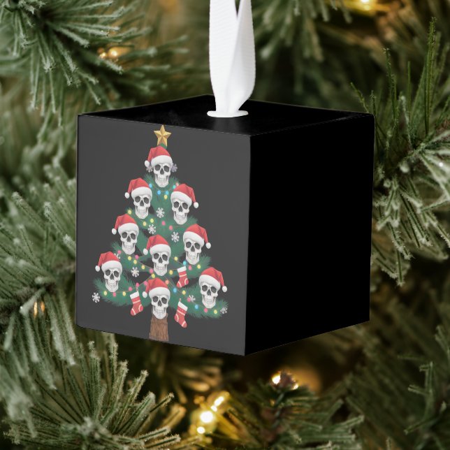 Skull Christmas Tree Pajama Cool Skeleton Santa  Cube Ornament (Tree)