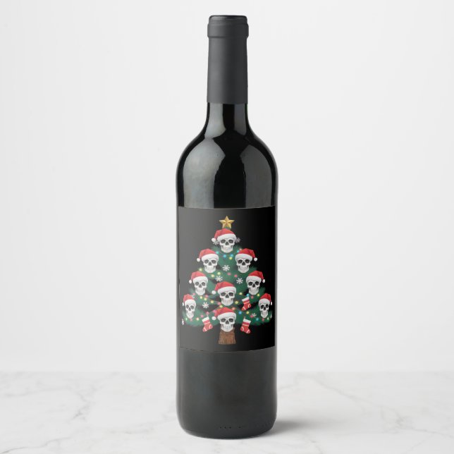Skull Christmas Tree Pajama Cool Skeleton Santa  Wine Label (Front)