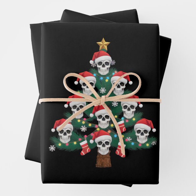 Skull Christmas Tree Pajama Cool Skeleton Santa  Wrapping Paper Sheets (In situ)