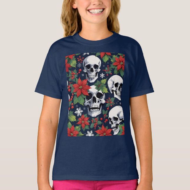 Skull Christmas With Poinsettias & Snowflakes T-Shirt (Front)