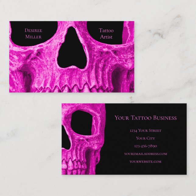Skull Close Up Gothic Neon Pink Black Tattoo Shop Business Card (Front/Back)