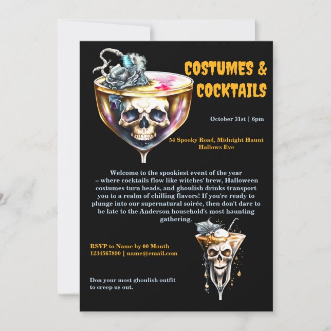 Skull cocktail drinks black orange Halloween goth Invitation (Front)