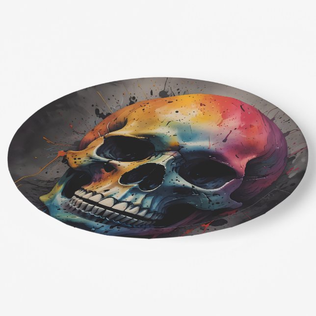 Skull colored head paper plates (Angled)