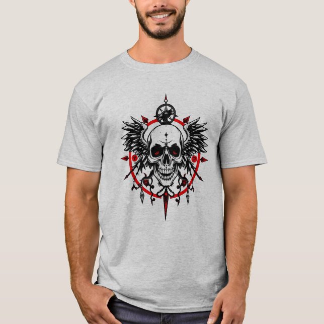 Skull Compass T-Shirt – Gothic Wings & Red Eye Hor (Front)