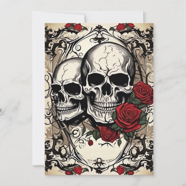 Skull Couple and Roses Gothic Elegance Wedding Invitation (Front)
