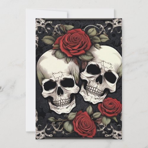 Skull Couple and Roses Gothic Elegance Wedding Invitation
