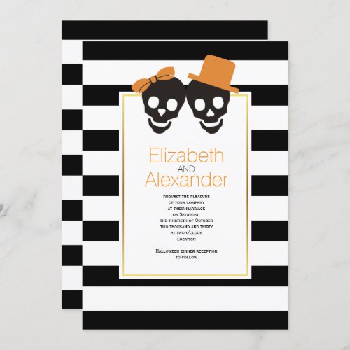 Skull couple and stripes orange Halloween wedding Invitation