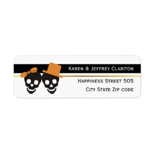 Skull couple black white stripes Halloween wedding Label