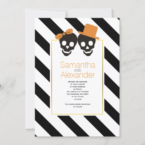Skull couple black white stripes trendy Halloween Invitation