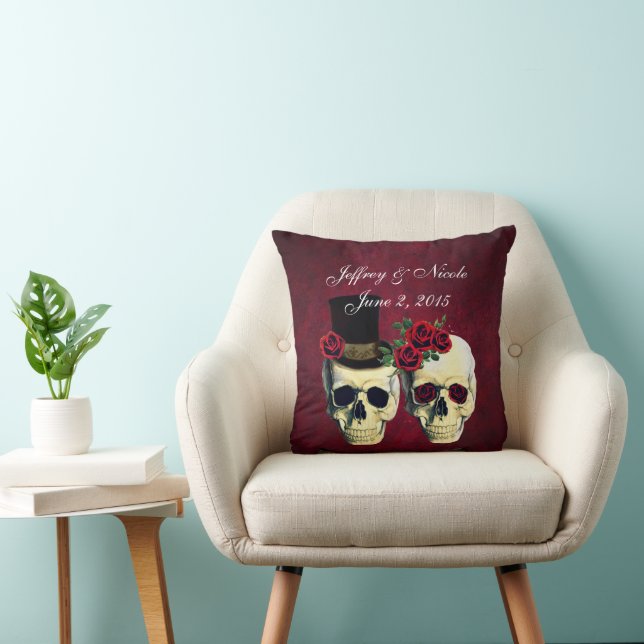 Skull Couple Bride and Groom Custom Wedding Throw Pillow (Chair)
