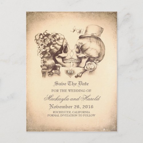 Skull Couple Day of the Dead Save the Date Announcement Postcard