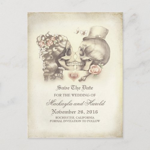 Skull Couple Day of the Dead Save the Date Announcement Postcard