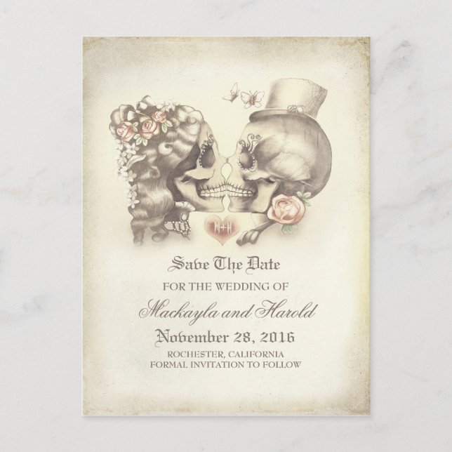 Skull Couple Day of the Dead Save the Date Announcement Postcard (Front)