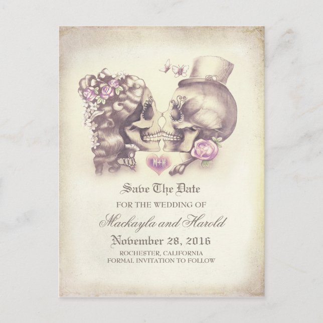 Skull Couple Day of the Dead Save the Date Announcement Postcard (Front)