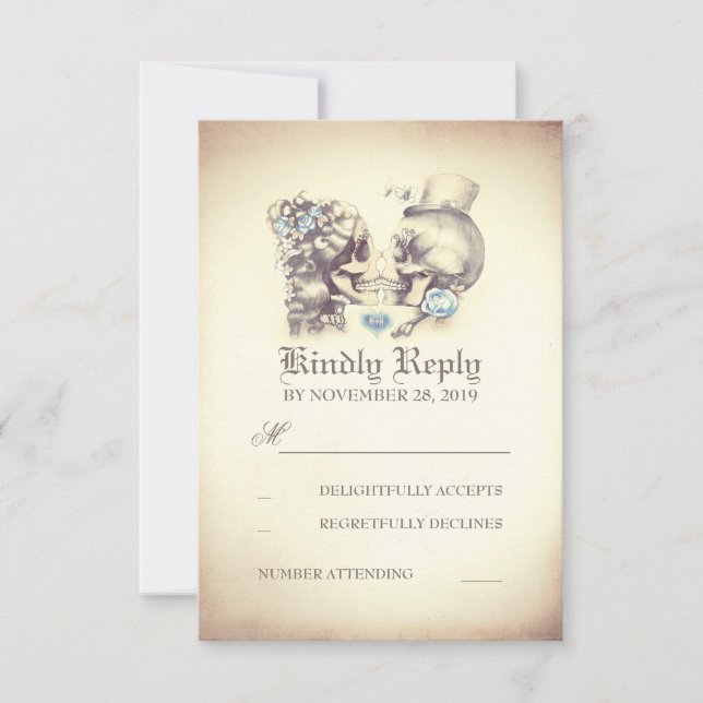 Skull Couple Dead Day Wedding RSVP Cards (Front)