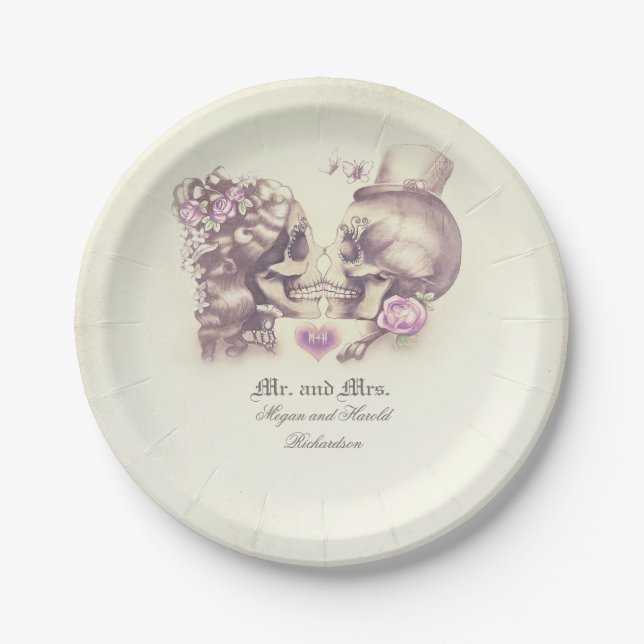 Skull Couple Gothic Purple Wedding Paper Plates (Front)