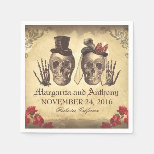Skull couple Gothic wedding paper napkins