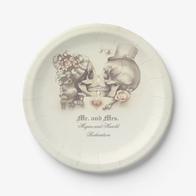 Skull Couple Gothic Wedding Paper Plates (Front)