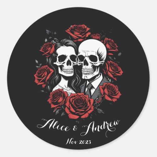 Skull couple gothic with roses custom name  classic round sticker