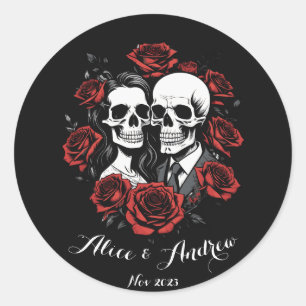 Skull couple gothic with roses custom name classic round sticker