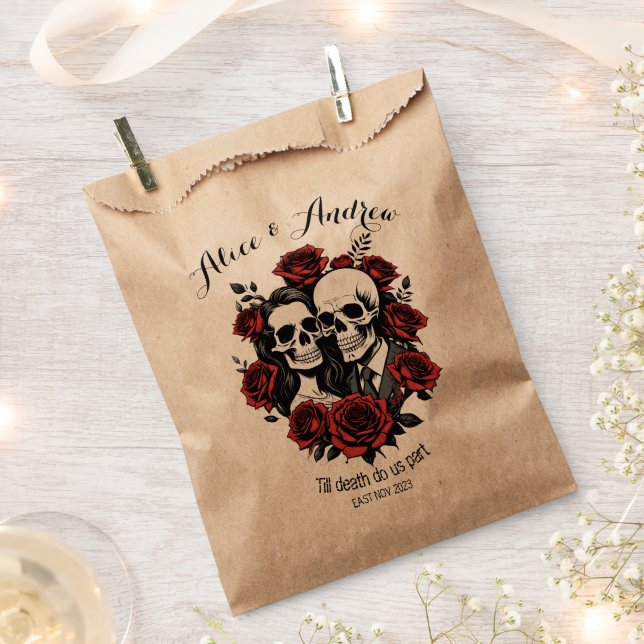 Skull couple gothic with roses custom name  favor bag (Clipped)