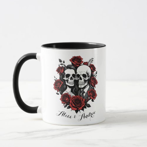 Skull couple gothic with roses custom name  mug