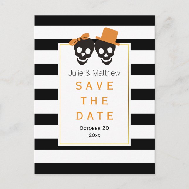 Skull couple Halloween wedding Save the Date Announcement Postcard (Front)
