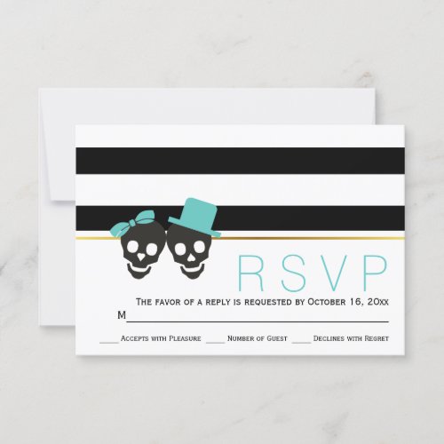 Skull couple stripes aqua Halloween wedding RSVP