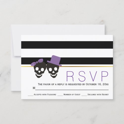 Skull couple stripes purple Halloween wedding RSVP