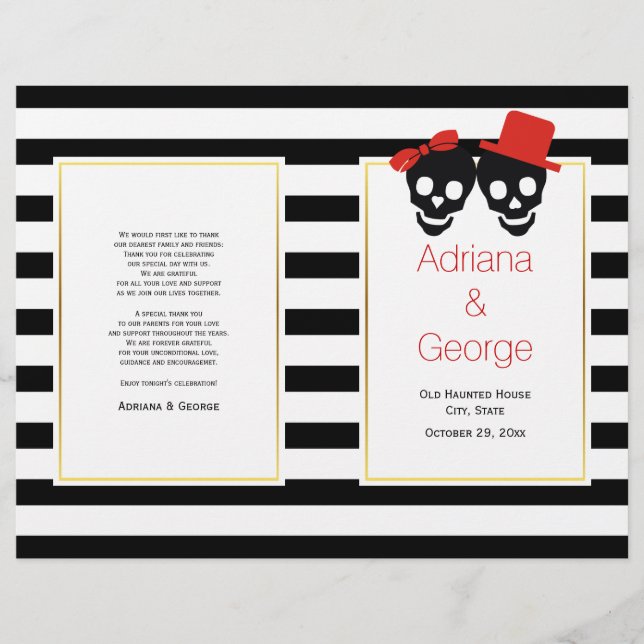 Skull couple stripes red Halloween wedding program (Front)
