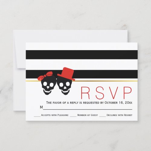 Skull couple stripes red Halloween wedding RSVP