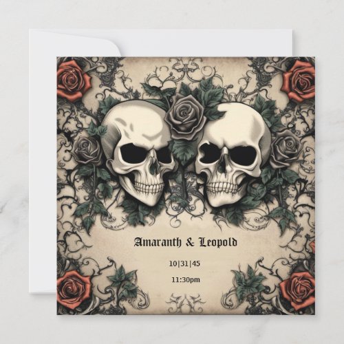Skull Couple with Roses Gothic Halloween Wedding Invitation