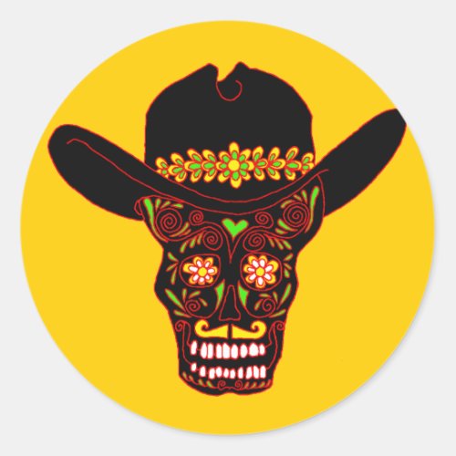 skull cowboy hat classic round sticker