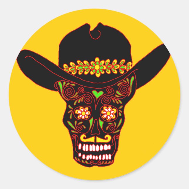 skull cowboy hat classic round sticker (Front)
