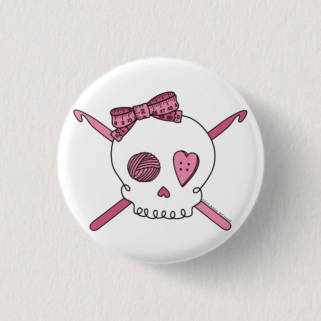 Skull & Crochet Hooks (Pink) Pinback Button (Front)