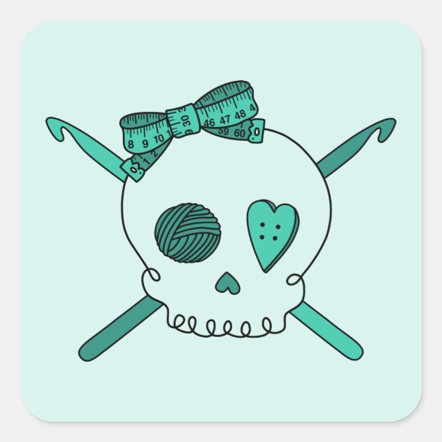 Skull & Crochet Hooks (Turquoise Background) Square Sticker (Front)