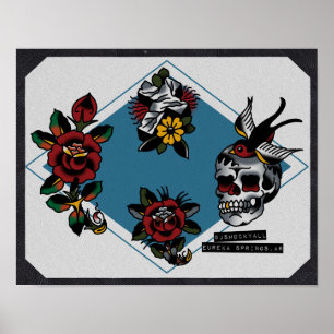 Skull Cross and Roses Traditional Tattoo Flash Poster