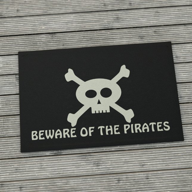 Skull  Crossbones Beware of Pirates Custom Black Doormat (Beware of the Pirates doormat to keep your visitors aware there may be pirates about)