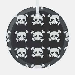 Skull Crossbones: Black-White Pattern. Glass Ornament