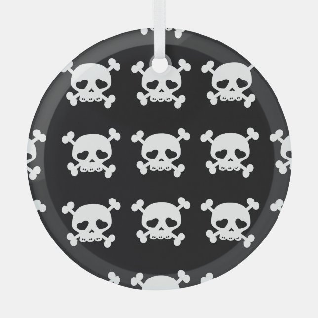 Skull Crossbones: Black-White Pattern. Glass Ornament (Front)
