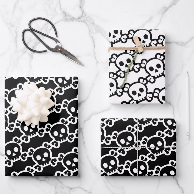 Skull Crossbones Black White Wrapping Paper Sheets (Front)