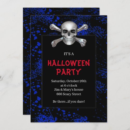 Skull Crossbones Blue Splattered Halloween Party Invitation