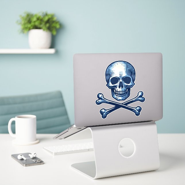 Skull & Crossbones Custom-Cut Vinyl Sticker (Laptop On Desk)