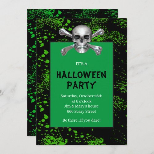 Skull Crossbones Green Splattered Halloween Party Invitation