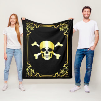 Skull Crossbones/Jolly Roger/Pirate/gold/black Fle Fleece Blanket