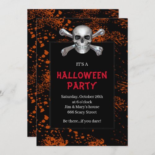 Skull Crossbones Orange Splattered Halloween Party Invitation