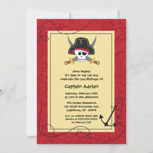 Skull crossbones pirate birthday party invitation