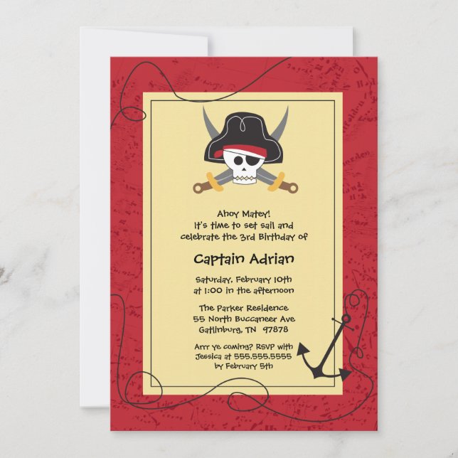 Skull crossbones pirate birthday party invitation (Front)