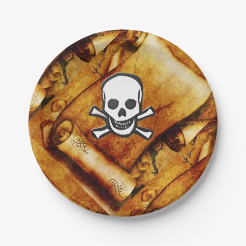Skull crossbones pirate parchment treasure theme paper plates